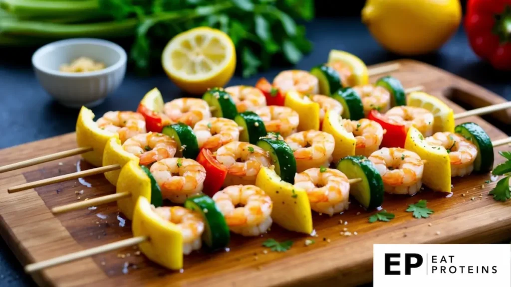 Fresh shrimp skewers marinated in lemon and garlic, surrounded by vibrant vegetables on a wooden cutting board