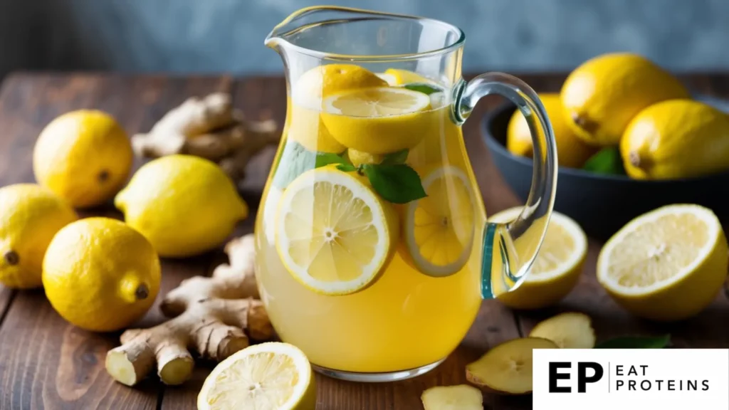 A glass pitcher filled with lemon-ginger detox drink surrounded by fresh lemons and ginger root on a wooden table