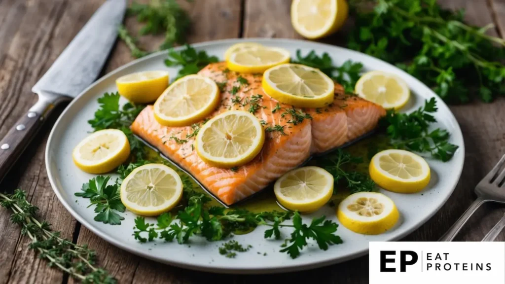 A platter of lemon herb baked salmon surrounded by fresh herbs and lemon slices on a rustic wooden table