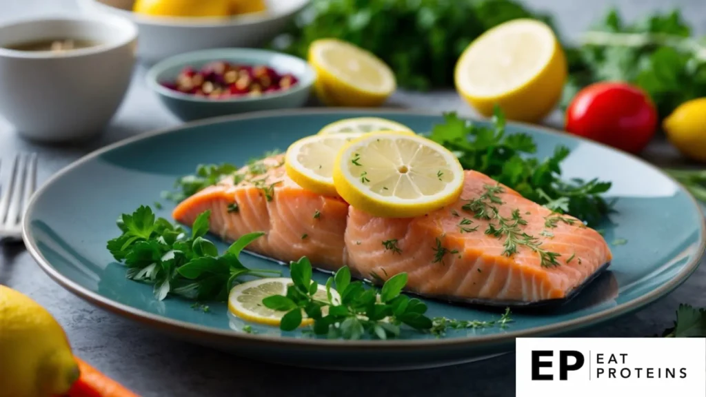 A plate of lemon herb salmon surrounded by fresh herbs and colorful vegetables