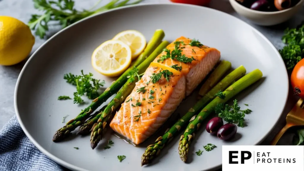 A plate of lemon herb salmon with asparagus surrounded by Mediterranean ingredients like olives, tomatoes, and herbs