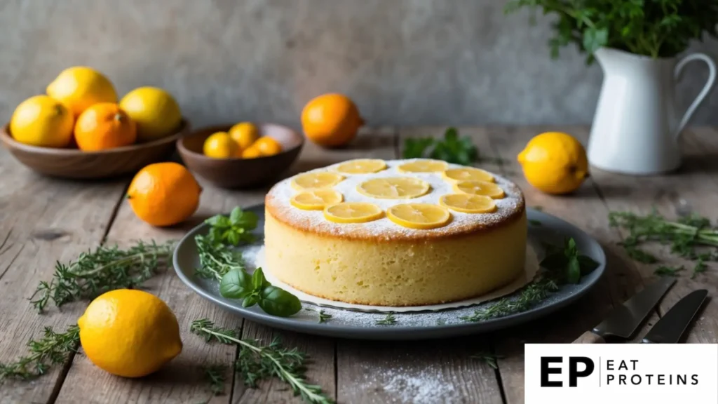 A rustic kitchen table set with a freshly baked lemon polenta cake, surrounded by vibrant citrus fruits and a scattering of aromatic herbs