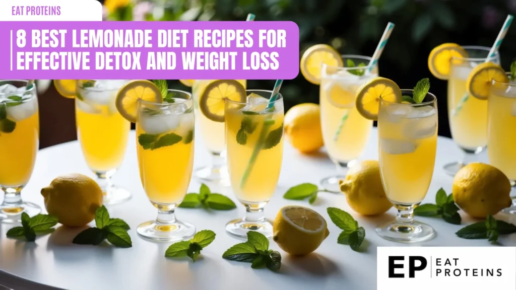 A table with 8 glasses of lemonade, each with a unique garnish and color, surrounded by fresh lemons, mint leaves, and ice cubes