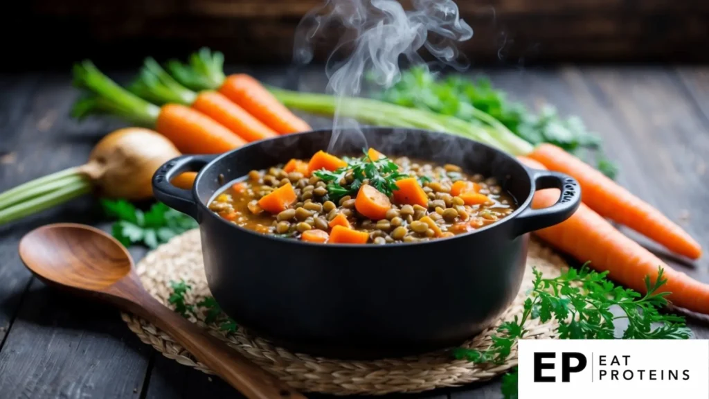 A steaming pot of lentil and carrot stew surrounded by fresh ingredients and a rustic wooden spoon