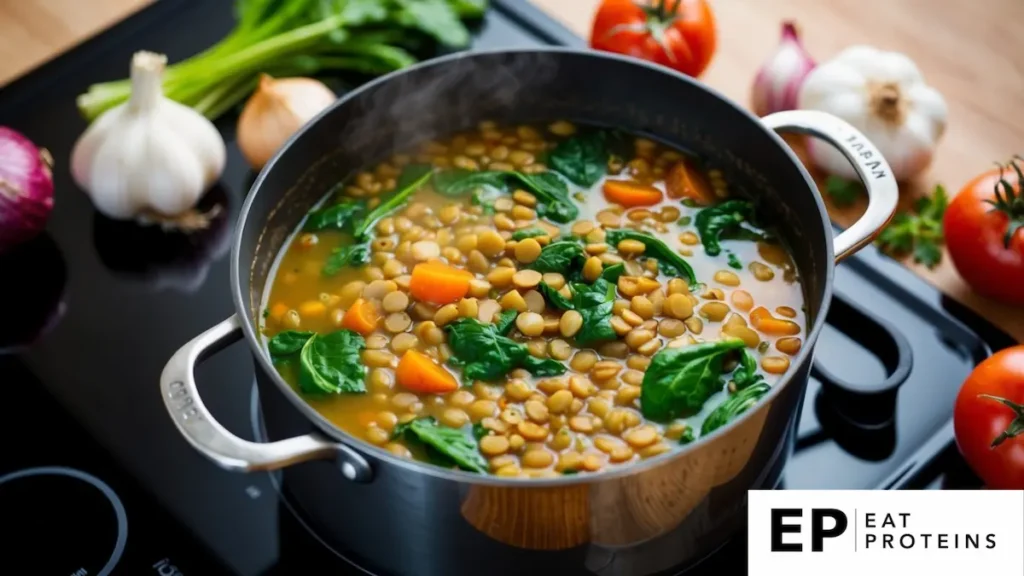 A pot of lentil and spinach soup simmers on the stove, surrounded by fresh ingredients like garlic, onions, and tomatoes