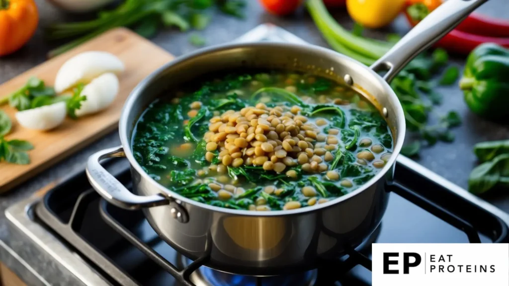 A pot of lentil and spinach soup simmers on a stove, surrounded by fresh vegetables and herbs