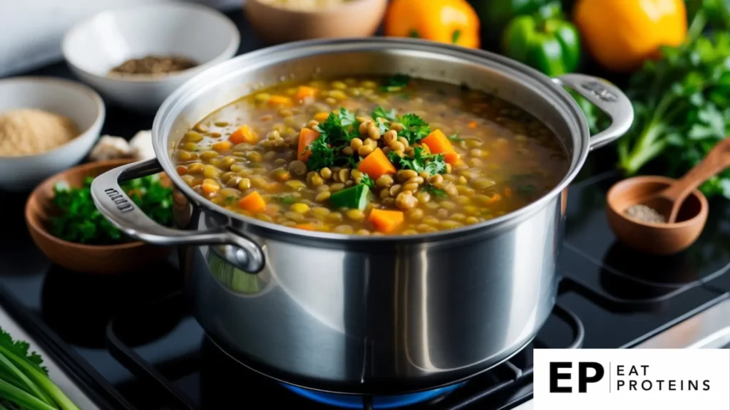 A pot of lentil and vegetable soup simmers on a stovetop, surrounded by fresh ingredients and spices