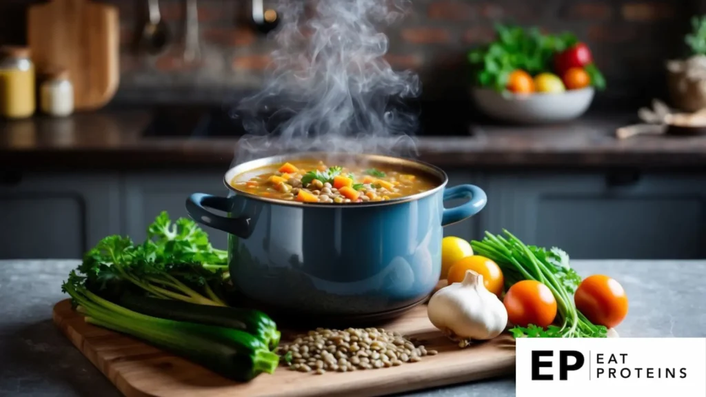 A steaming pot of lentil and vegetable soup surrounded by fresh ingredients on a rustic kitchen counter