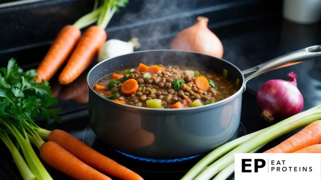 A pot of lentil and vegetable stew simmers on a stovetop, surrounded by fresh ingredients like carrots, onions, and celery