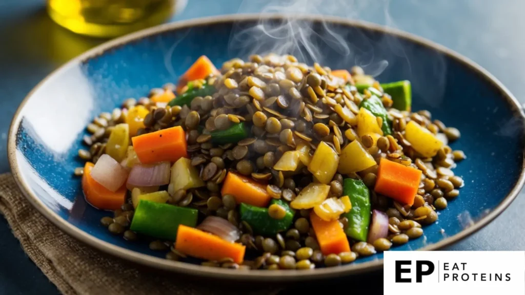 A colorful array of lentils and vegetables sizzling in a plate over a hot stove. Steam rises as the ingredients are tossed together in a fragrant stir-fry