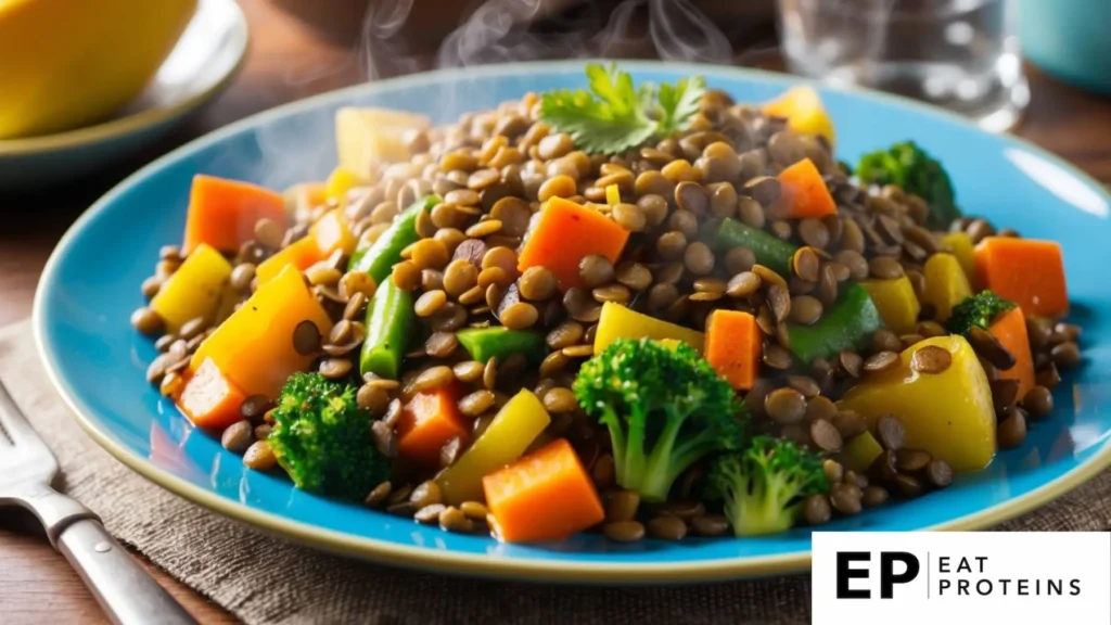 A colorful assortment of lentils and various chopped vegetables sizzling in a wok, emitting aromatic steam