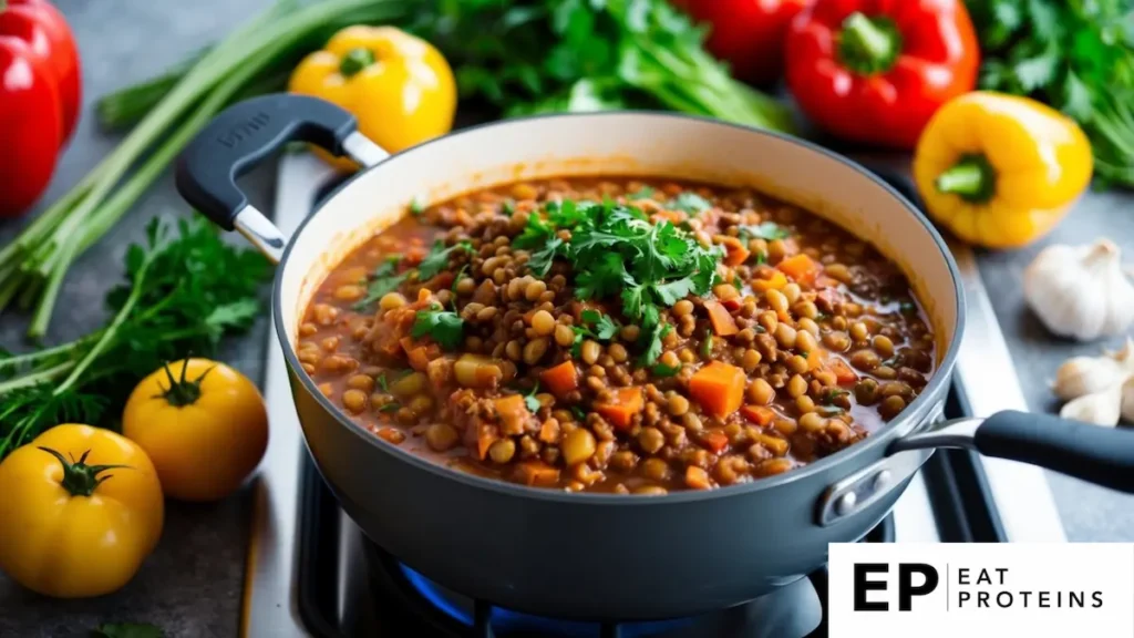 A bubbling pot of lentil bolognese simmers on a stove, surrounded by fresh vegetables and herbs