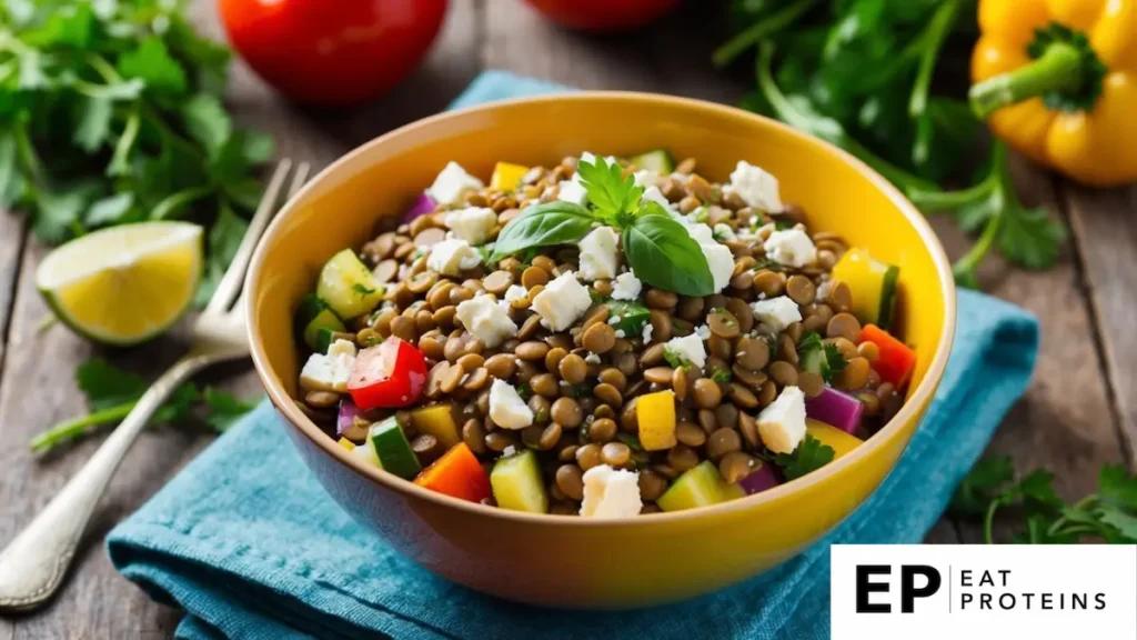 A colorful bowl of lentil salad topped with crumbled feta, surrounded by fresh vegetables and herbs on a rustic wooden table