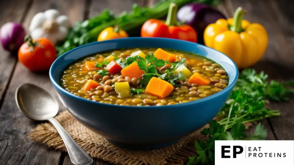 A steaming bowl of lentil soup surrounded by colorful vegetables and herbs on a rustic wooden table