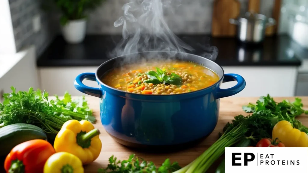 A steaming pot of lentil soup surrounded by fresh vegetables and herbs on a kitchen counter