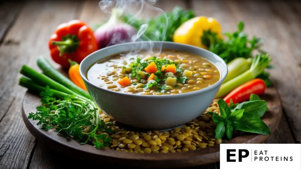 A steaming bowl of lentil soup surrounded by fresh vegetables and herbs on a rustic wooden table