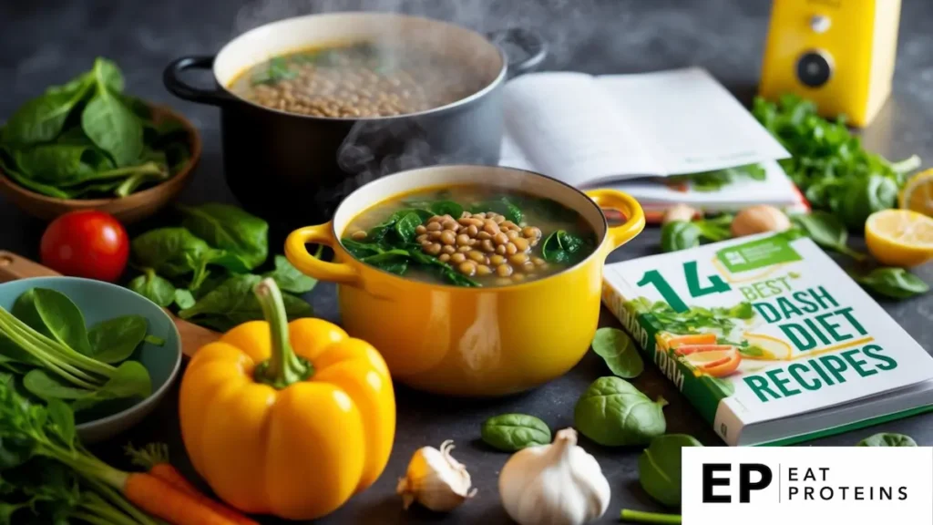 A steaming pot of lentil soup with spinach surrounded by fresh ingredients and a recipe book open to "14 best dash diet recipes."