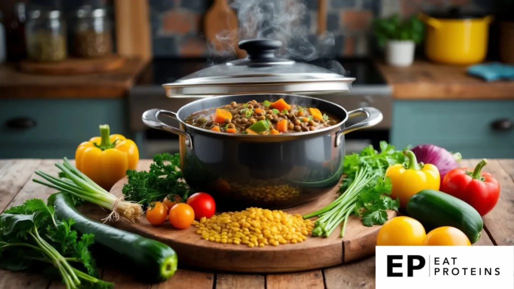 A steaming pot of lentil and vegetable stew surrounded by colorful fresh ingredients on a rustic wooden kitchen counter