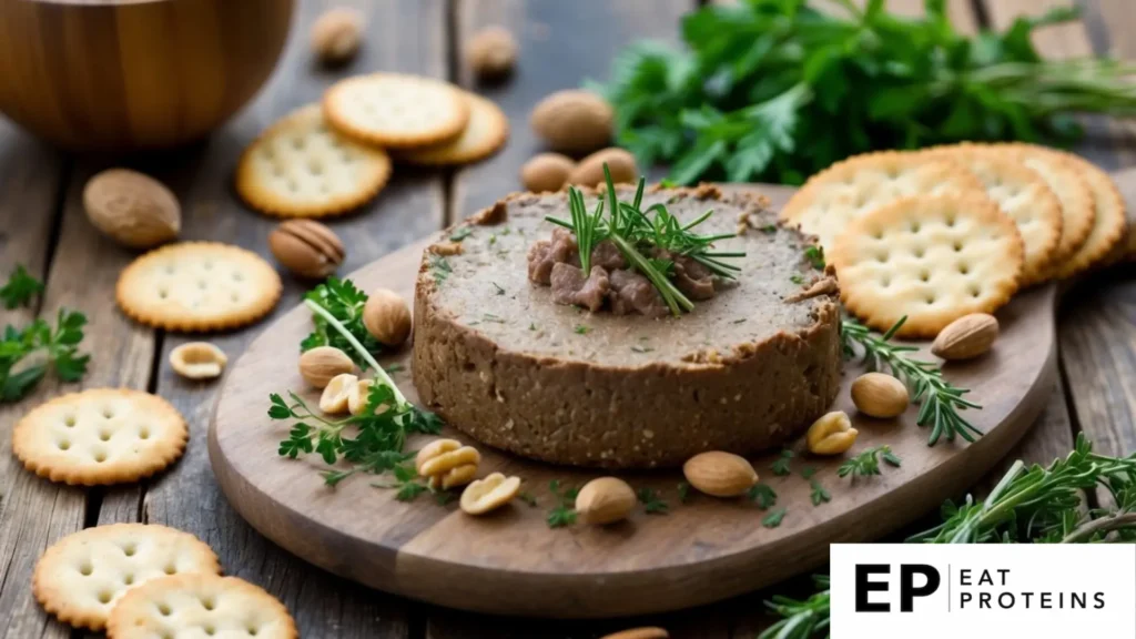 A rustic wooden table with a spread of liver pâté, surrounded by fresh herbs, nuts, and gluten-free crackers