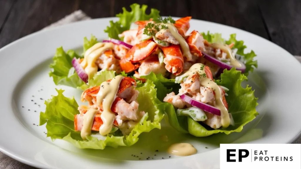 The image features a beautifully presented dish of lobster salad cups. The lobster pieces are placed in fresh green lettuce leaves, acting as edible cups, making it a low-carb alternative to a traditional lobster roll. The lobster is complemented with thin slices of red onion and is generously topped with a creamy sauce, likely mayonnaise or a similar dressing. The garnish appears to include a sprinkle of pepper and a touch of parsley for added color and flavor.