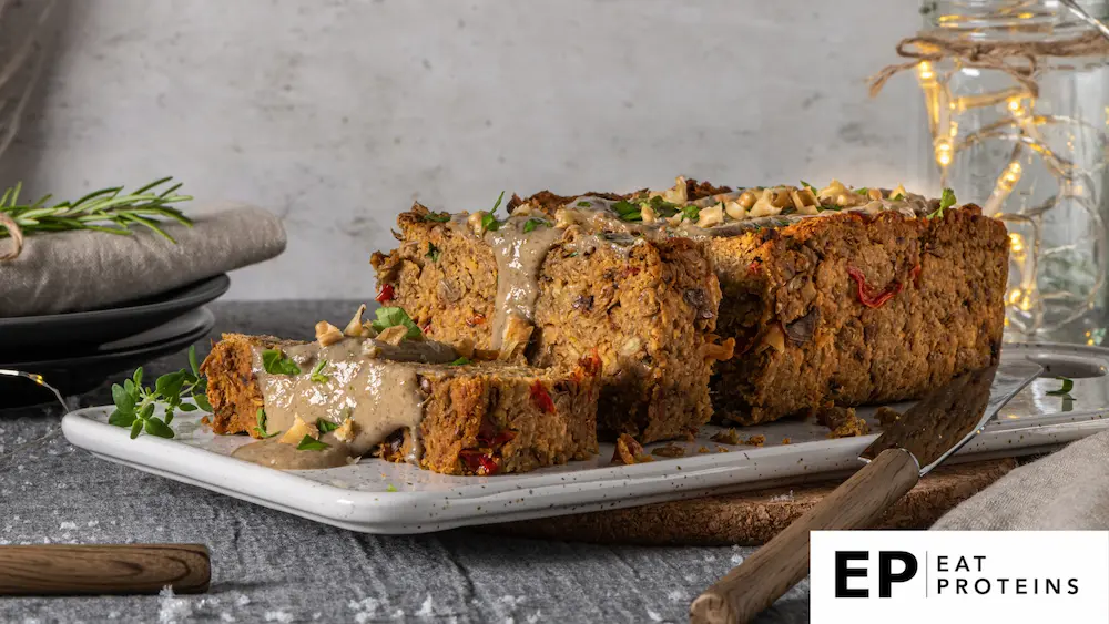 a lentil loaf, which appears to be a plant-based dish, possibly part of a healthy, high-protein diet.