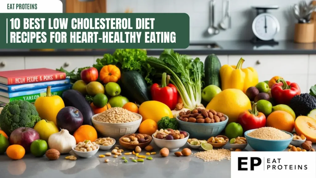 A colorful array of fresh fruits, vegetables, nuts, and whole grains laid out on a kitchen counter, surrounded by recipe books and a measuring scale