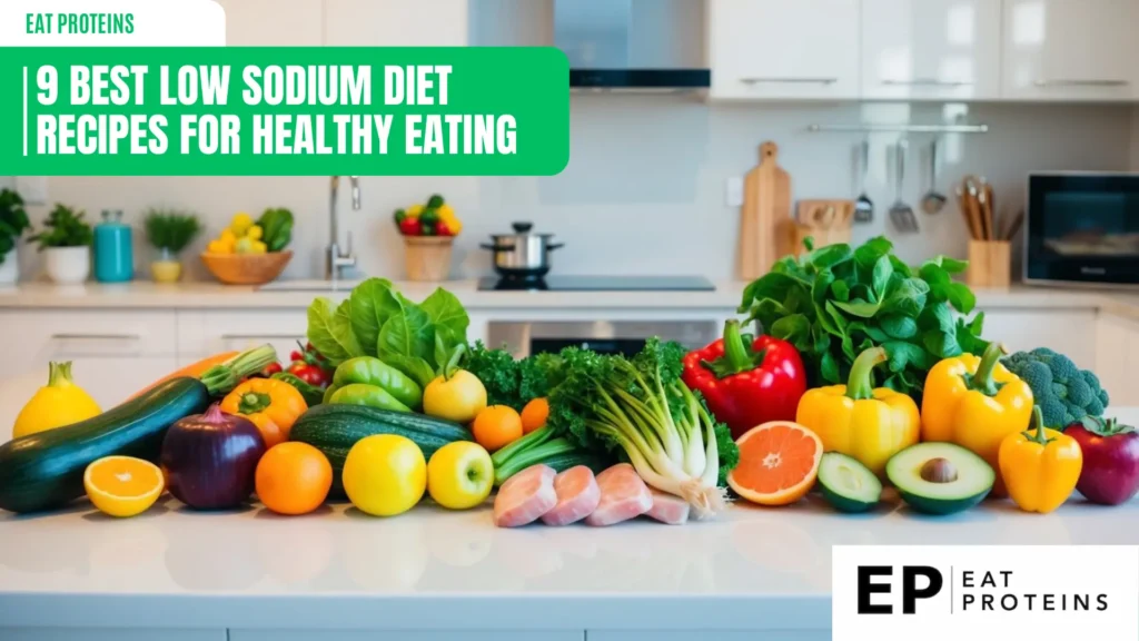 A colorful array of fresh vegetables, fruits, and lean proteins arranged on a clean, modern kitchen counter