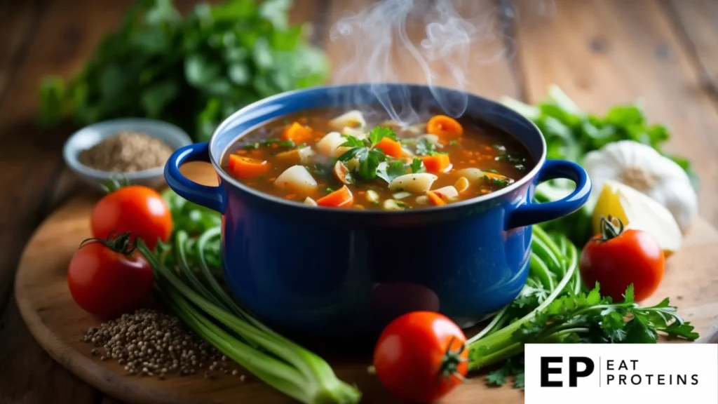 A steaming pot of low-sodium minestrone soup surrounded by fresh vegetables and herbs