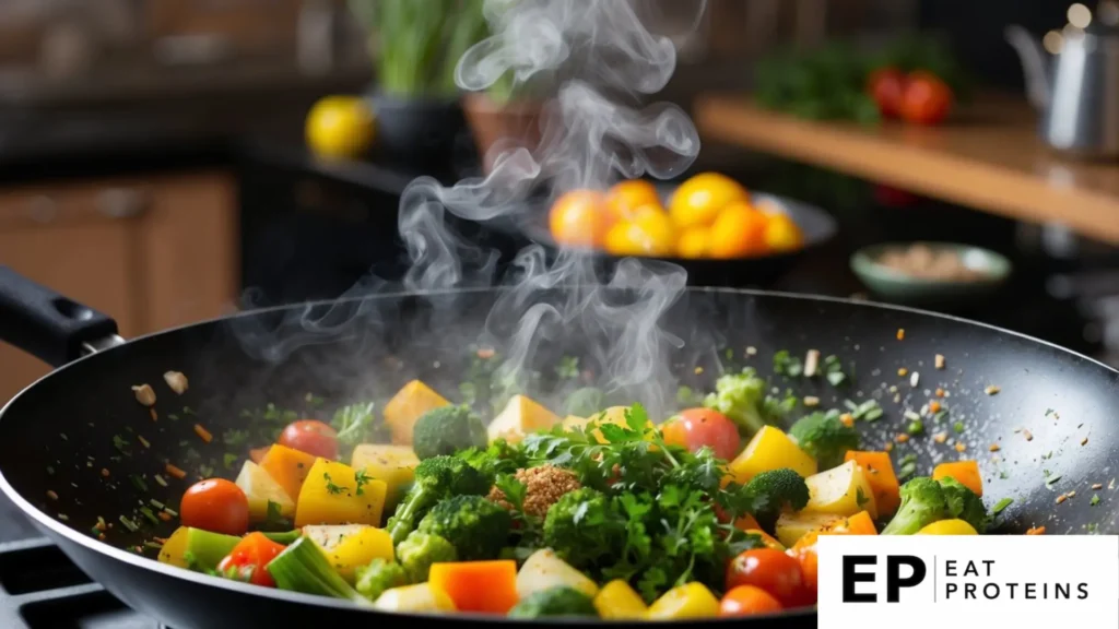 A colorful array of fresh vegetables sizzling in a wok, emitting fragrant steam, with a sprinkle of herbs and spices