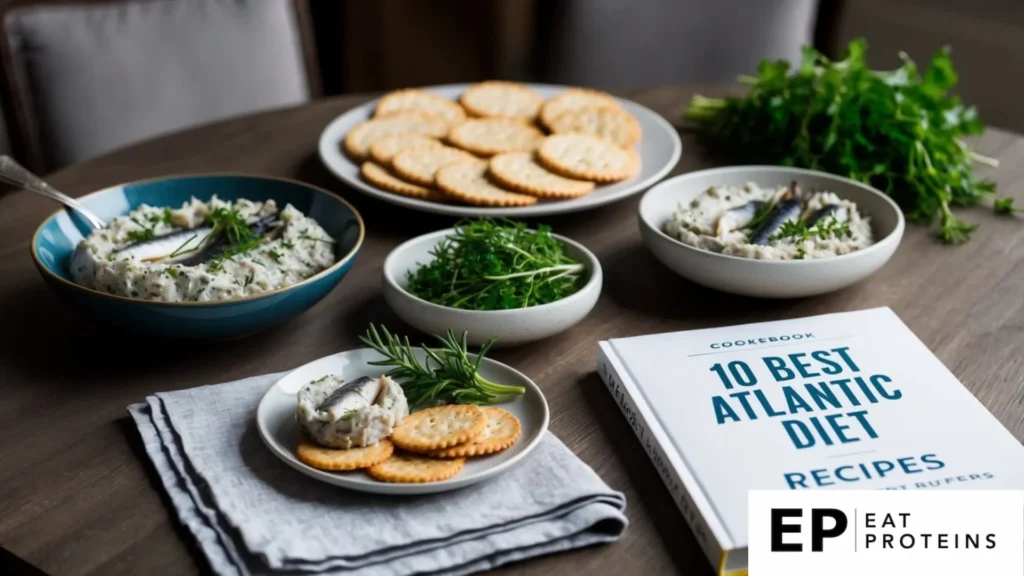 A table set with a spread of mackerel pâté, crackers, and fresh herbs. A cookbook titled "10 Best Atlantic Diet Recipes" lies open beside the dish