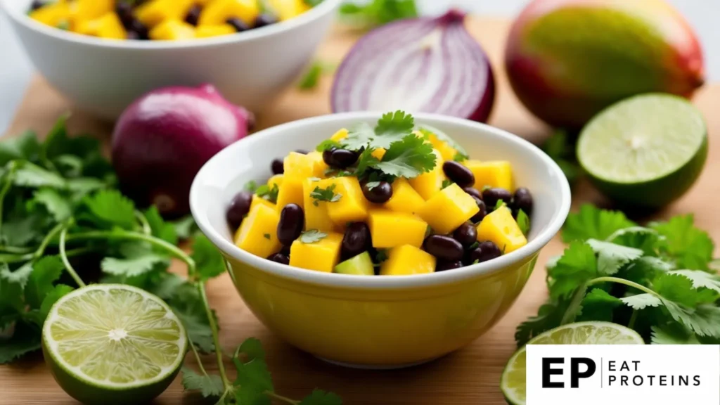 A bowl of vibrant mango and black bean salsa surrounded by fresh ingredients like cilantro, red onion, and lime