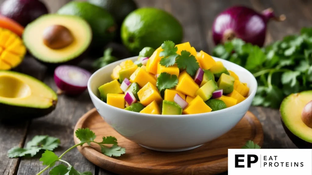 A vibrant bowl of diced mango and avocado, mixed with red onion and cilantro, sits on a wooden table surrounded by fresh produce