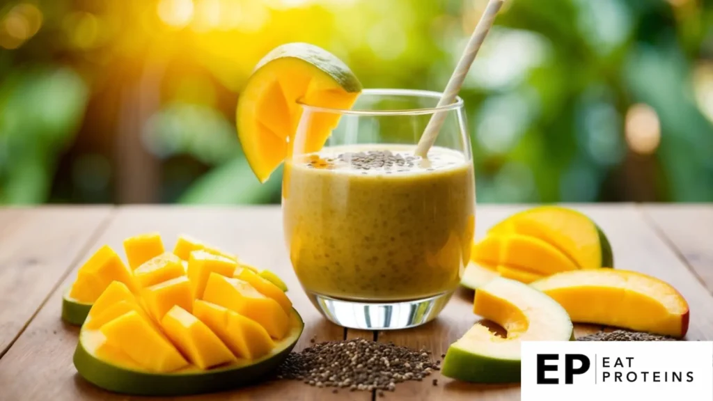 A glass of mango chia smoothie surrounded by fresh mango slices and chia seeds on a wooden table