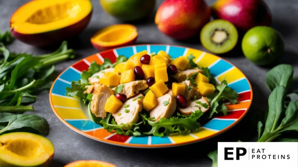 A colorful plate with mango chicken salad surrounded by fresh greens and vibrant fruits