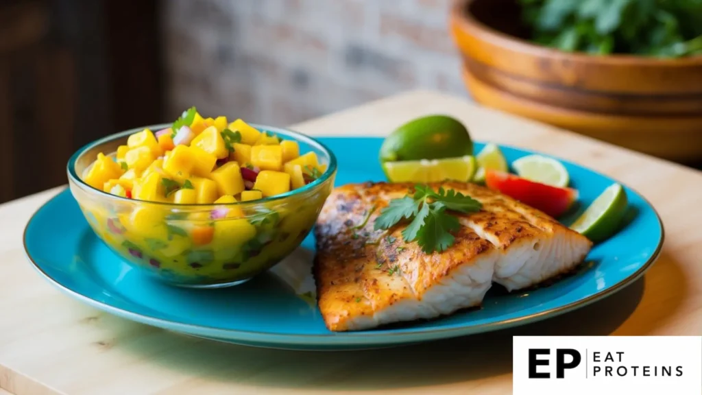 A colorful bowl of mango salsa sits next to a perfectly grilled fish on a serving platter. The vibrant colors and fresh ingredients make it a healthy and appetizing dish