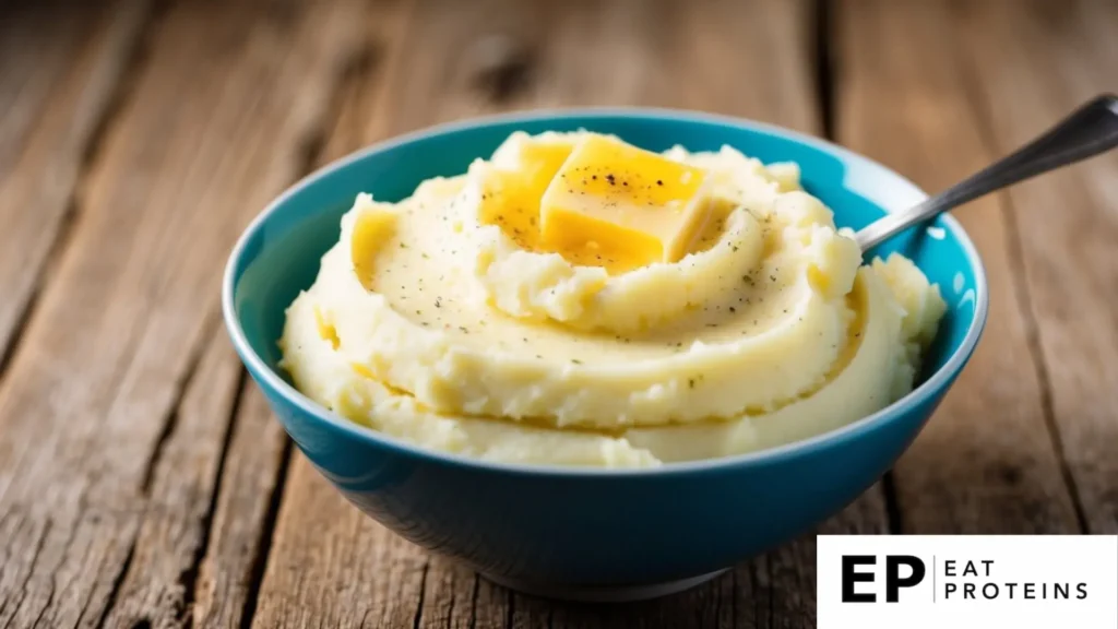 A bowl of creamy mashed potatoes topped with a pat of butter and a sprinkle of black pepper