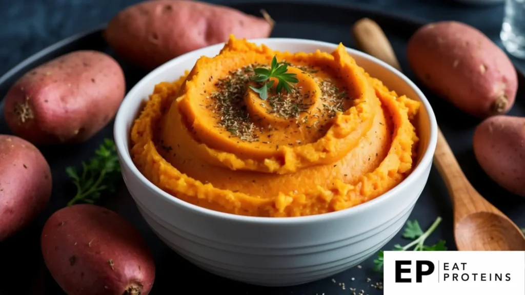 A bowl of creamy mashed sweet potatoes topped with a sprinkle of herbs and spices, surrounded by fresh sweet potatoes and a wooden spoon