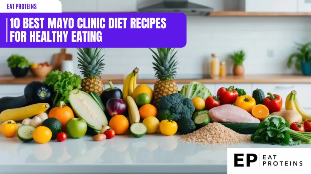 A colorful array of fresh fruits, vegetables, and lean proteins arranged on a clean, modern kitchen counter