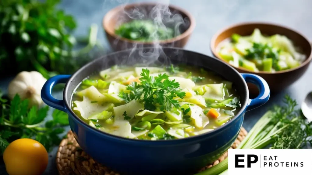 A steaming pot of Mediterranean cabbage soup surrounded by fresh vegetables and herbs