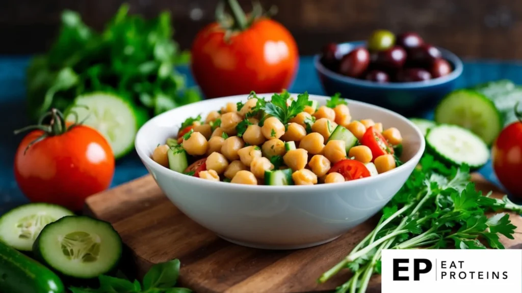 A vibrant bowl of Mediterranean chickpea salad surrounded by fresh ingredients like tomatoes, cucumbers, olives, and herbs