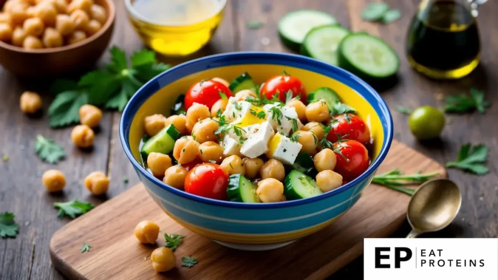 A colorful bowl filled with chickpeas, cherry tomatoes, cucumbers, and feta cheese, drizzled with olive oil and sprinkled with fresh herbs