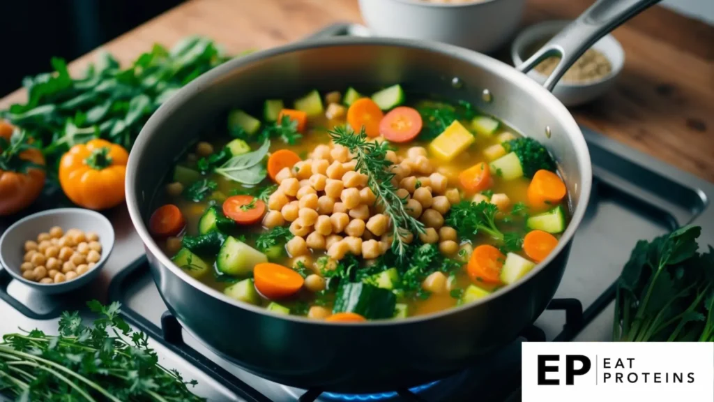 A colorful array of fresh vegetables, chickpeas, and fragrant herbs simmering in a large pot on a stove