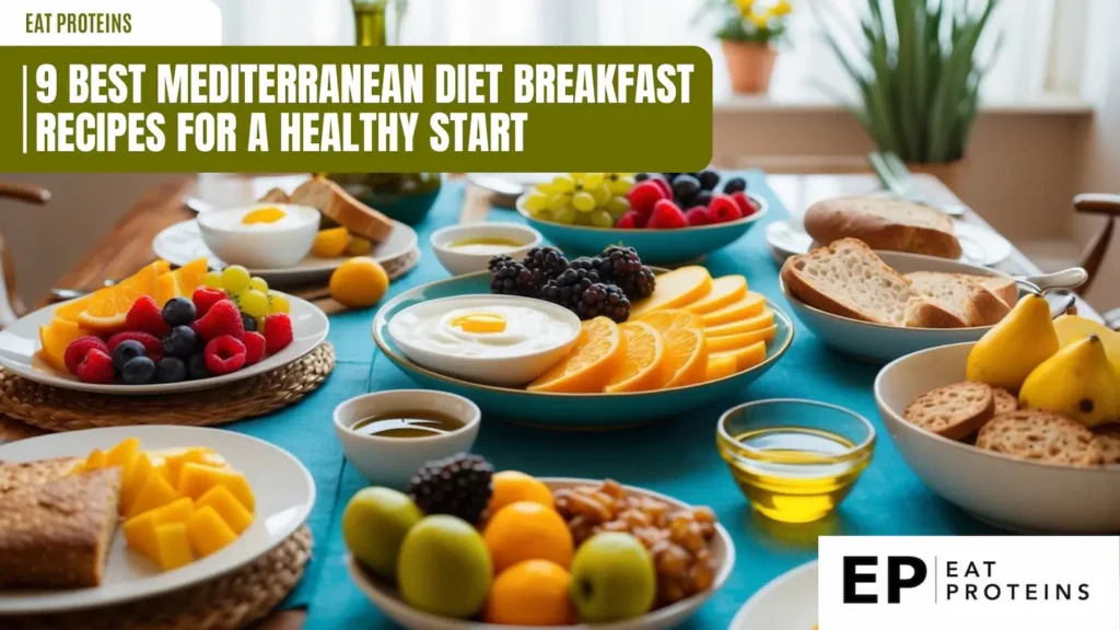 A table set with a colorful array of Mediterranean diet breakfast dishes, including fresh fruits, yogurt, whole grain breads, and olive oil