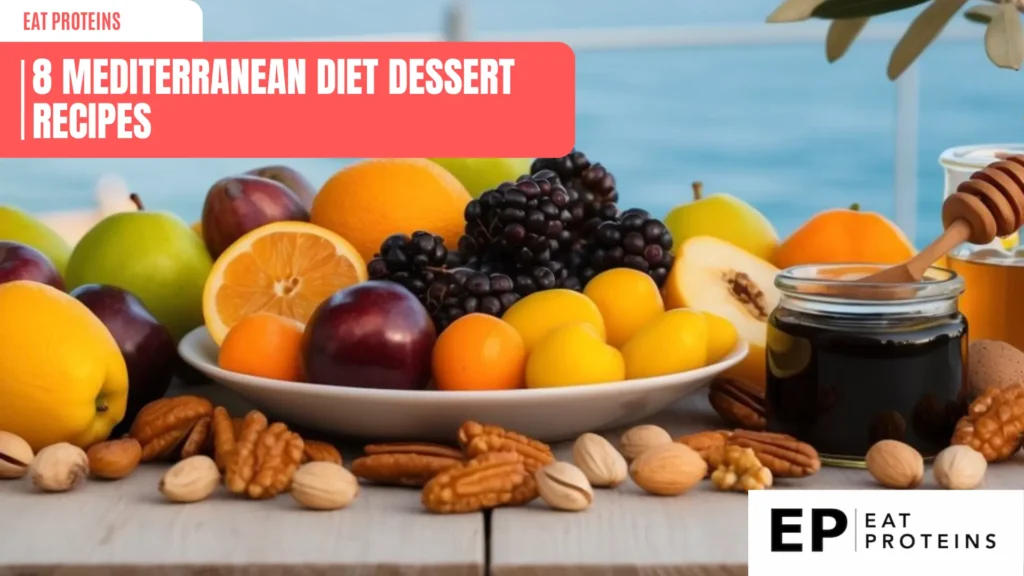 A table filled with colorful fruits, nuts, and honey, surrounded by olive branches and a view of the Mediterranean sea