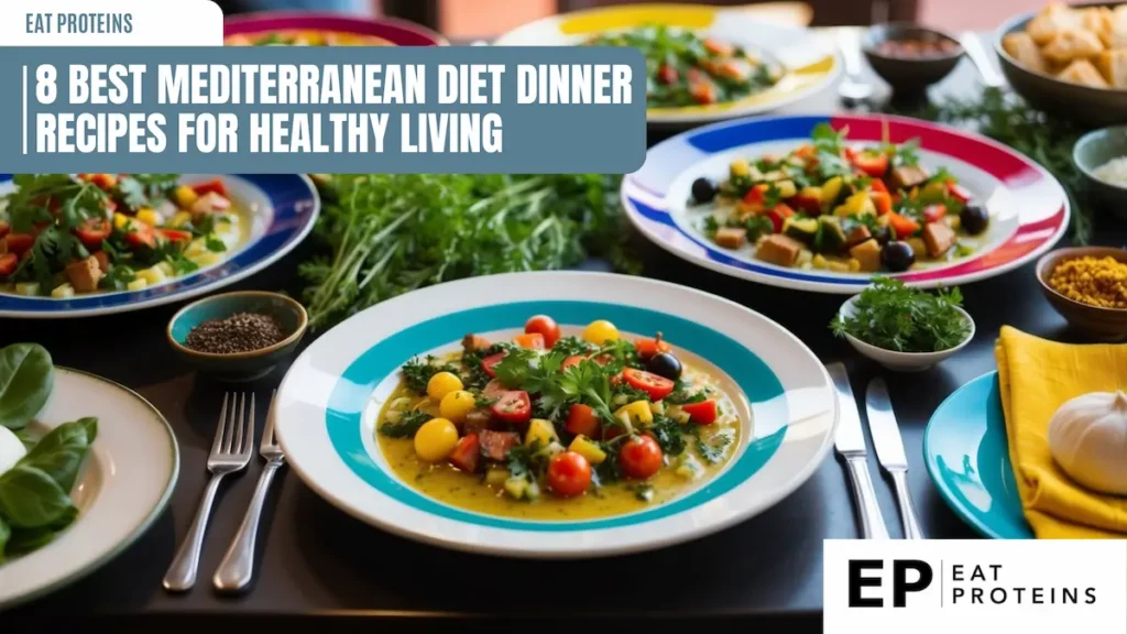 A table set with colorful plates of Mediterranean dishes surrounded by fresh herbs and ingredients