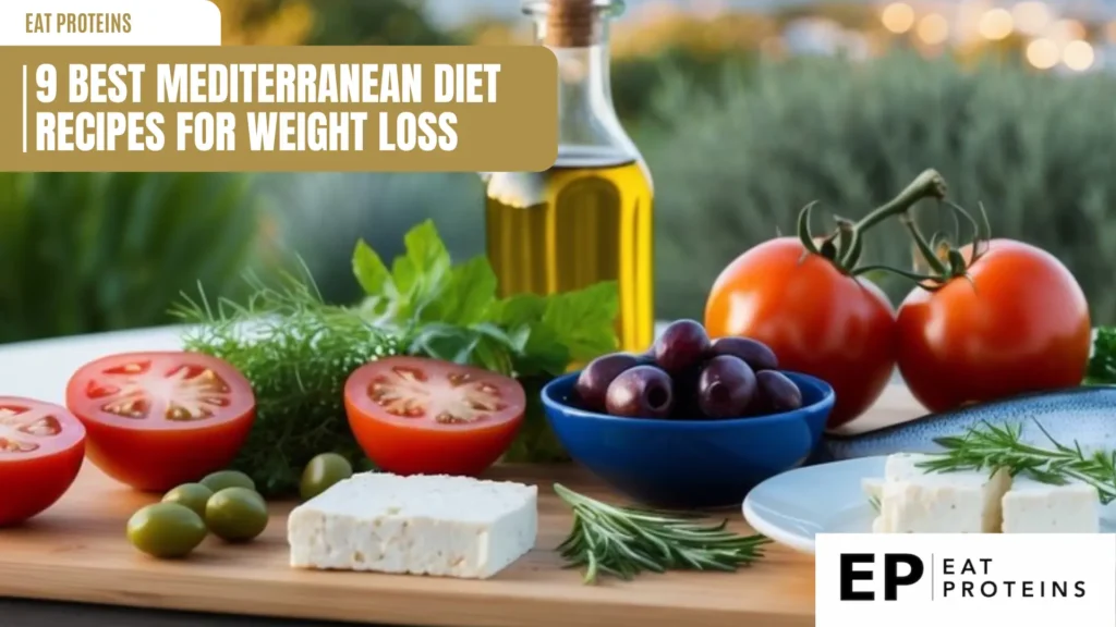 A table with fresh ingredients: tomatoes, olives, feta cheese, olive oil, herbs, and fish. A Mediterranean landscape in the background