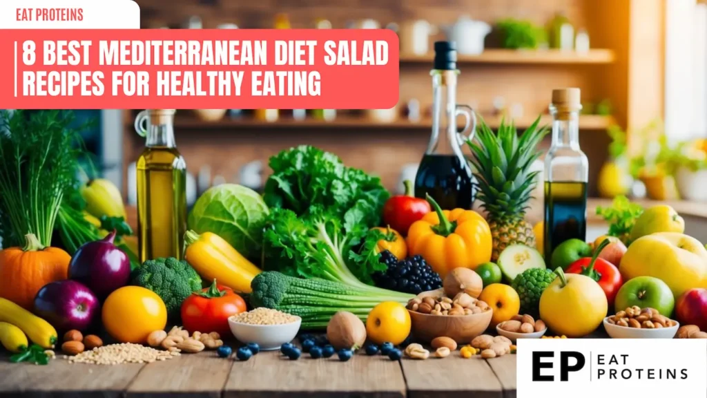 A colorful array of fresh vegetables, fruits, nuts, and grains arranged on a wooden table, surrounded by olive oil and vinegar bottles