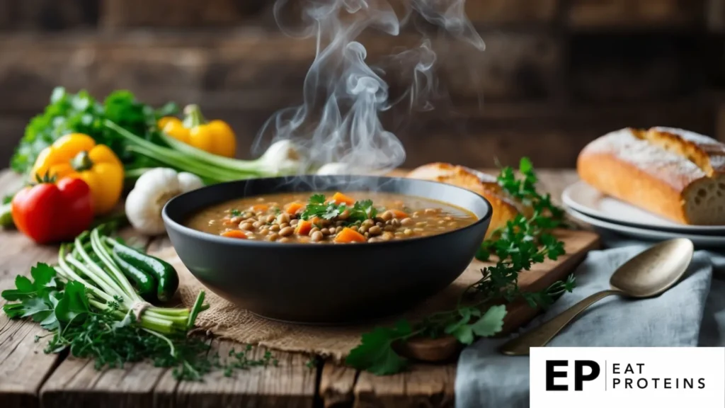 A rustic kitchen table with a steaming bowl of Mediterranean lentil soup, surrounded by fresh vegetables, herbs, and a loaf of crusty bread