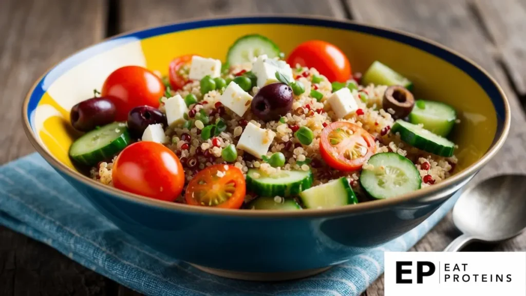 A colorful bowl filled with quinoa, cherry tomatoes, cucumbers, olives, and feta cheese, drizzled with a light vinaigrette, sitting on a rustic wooden table