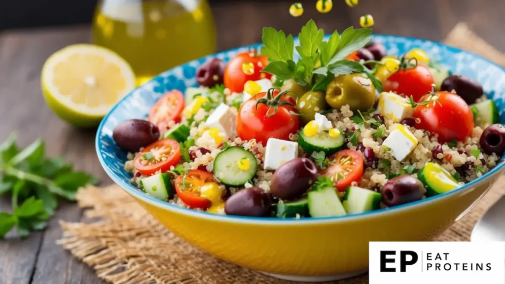 A colorful bowl filled with quinoa, cherry tomatoes, cucumbers, olives, feta cheese, and fresh herbs, drizzled with olive oil and lemon juice